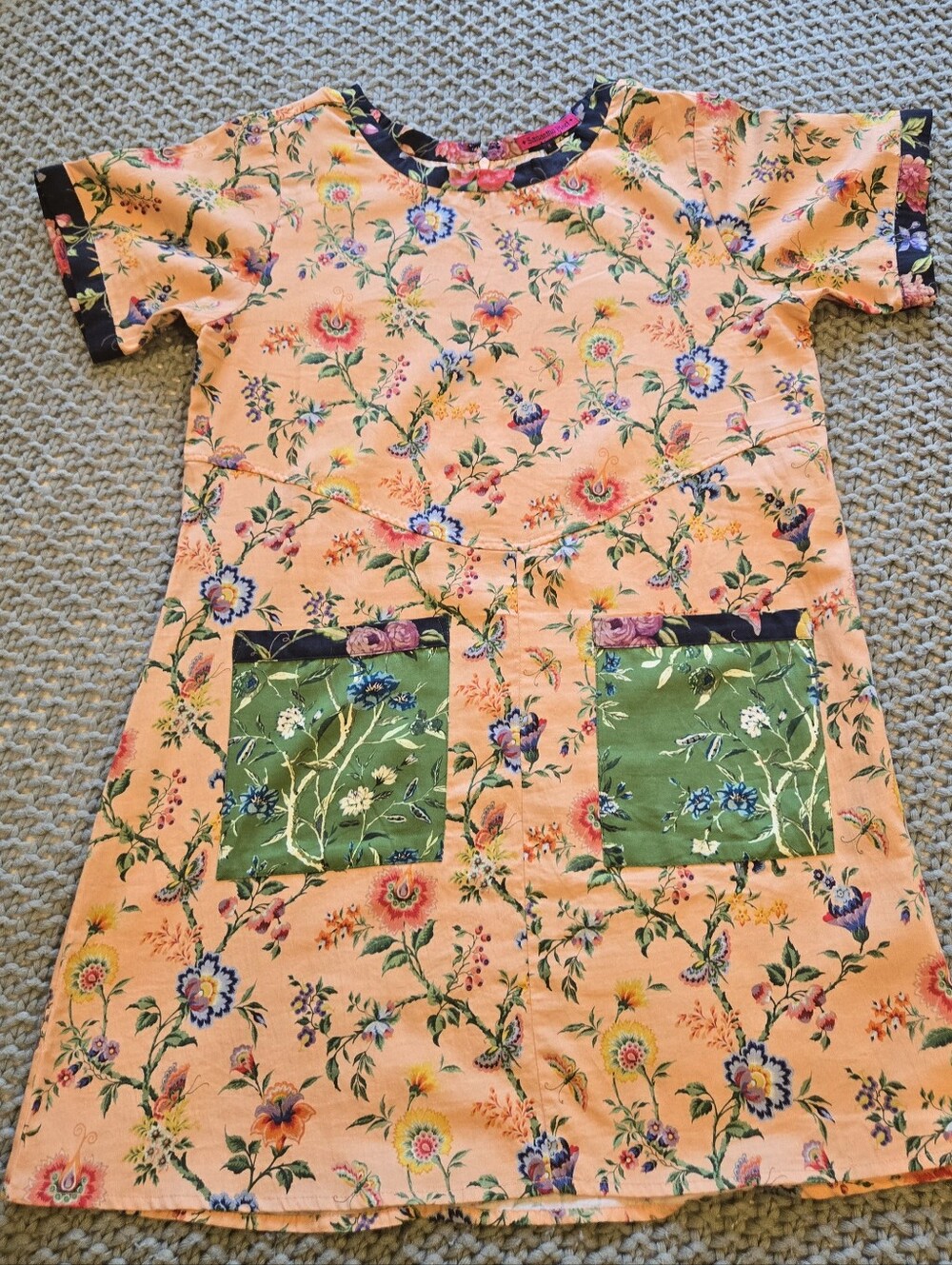 Samantha Pleet Peach Floral Dress with Green Patch Pockets